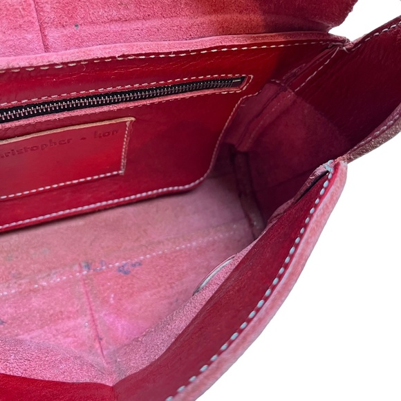 CHRISTOPHER KON Red Wide Strap Shoulder Bag Flap Pocket Purse Genuine Leather - Picture 13 of 16